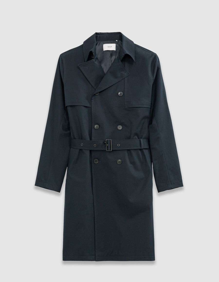 trench lungo blu navy da uomo con cintura