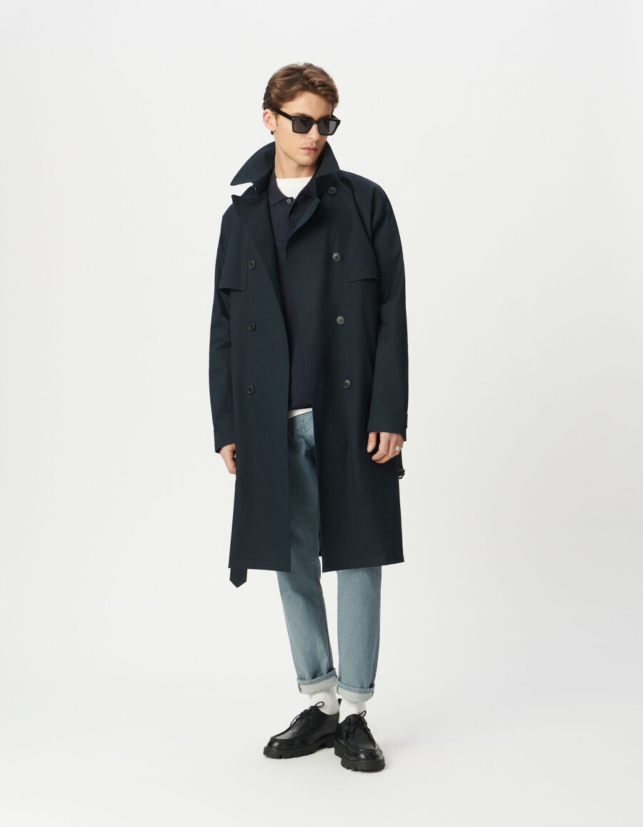 trench lungo blu navy da uomo con cintura