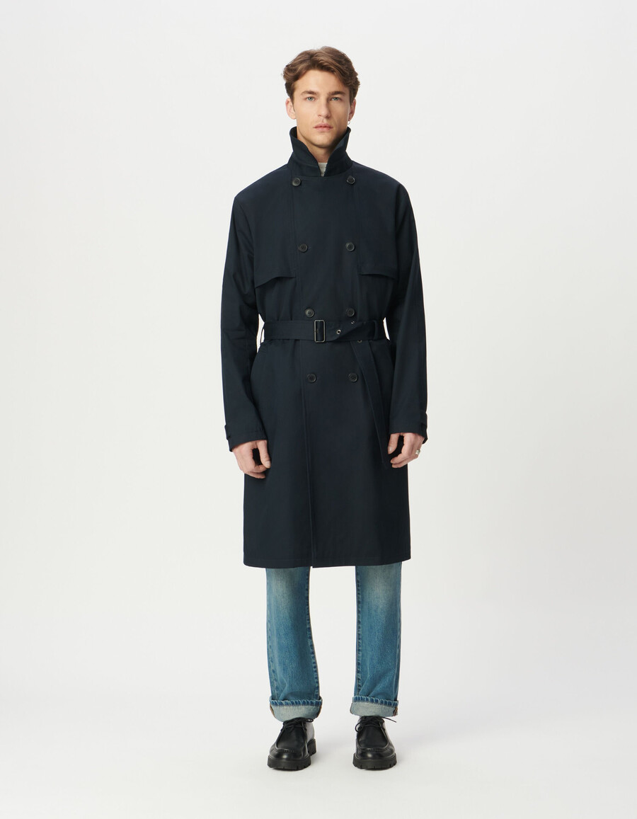 trench lungo blu navy da uomo con cintura