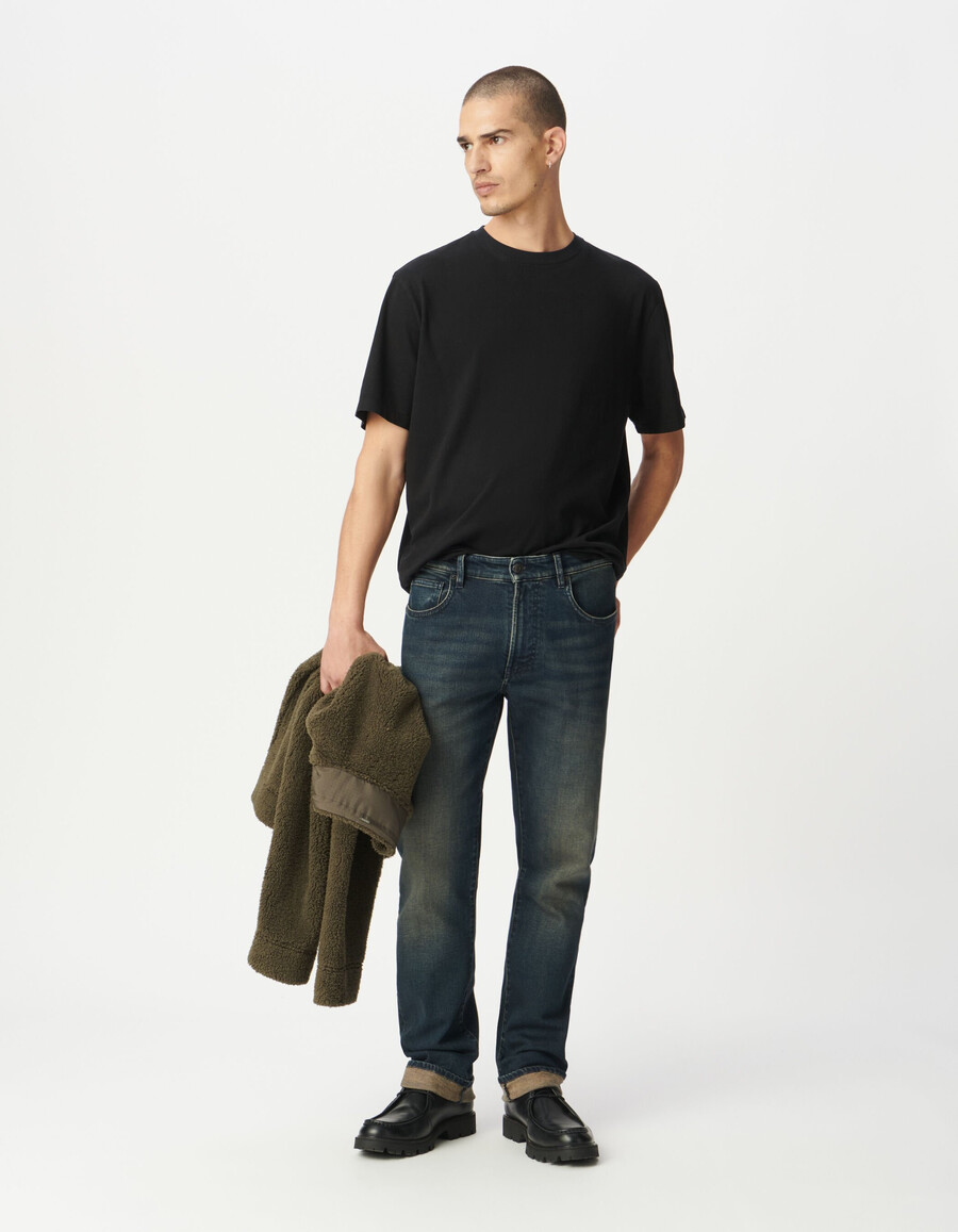 jeans dritti serge blu lavaggio sporco da uomo