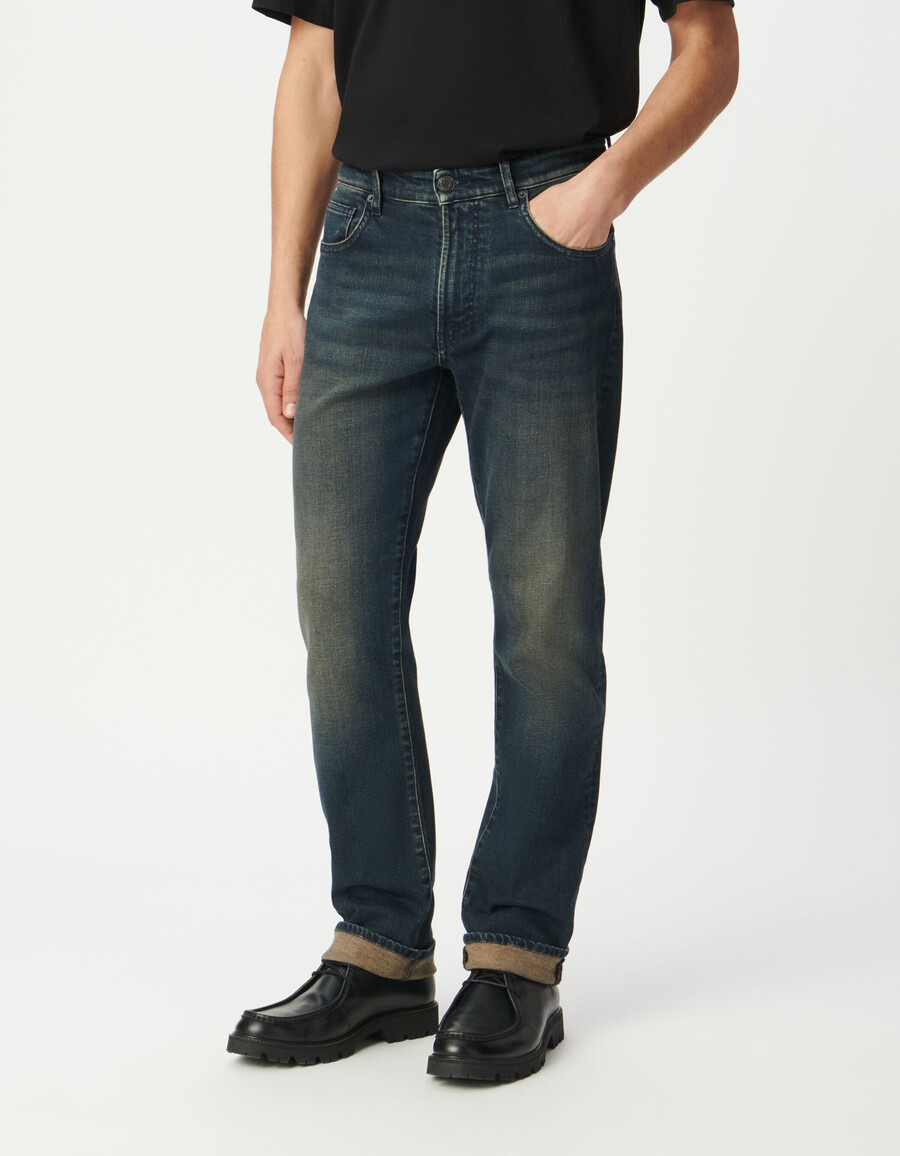jeans dritti serge blu lavaggio sporco da uomo