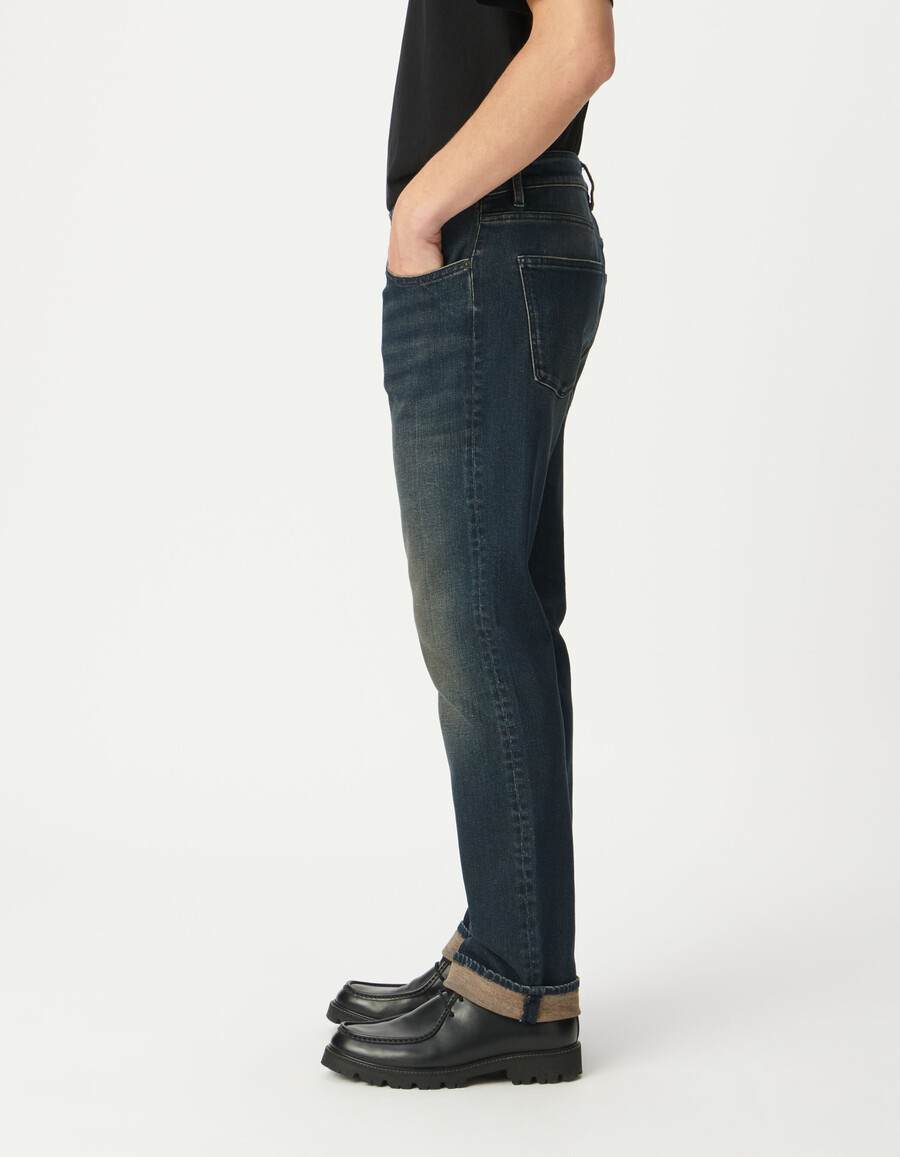 jeans dritti serge blu lavaggio sporco da uomo
