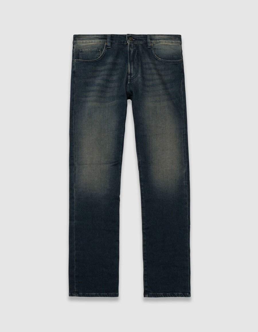jeans dritti serge blu lavaggio sporco da uomo