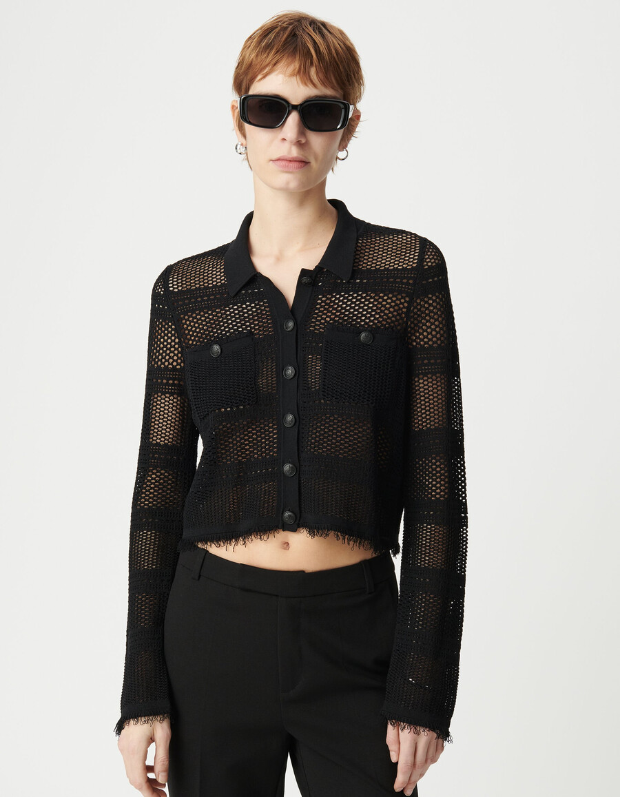 cardigan corto nero traforato da donna
