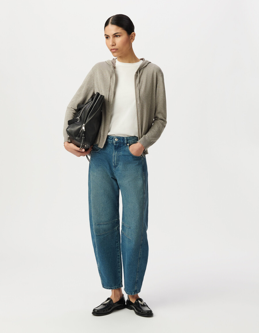 cardigan in maglia di sesamo con motivo a spina di pesce e dorso traforato da donna