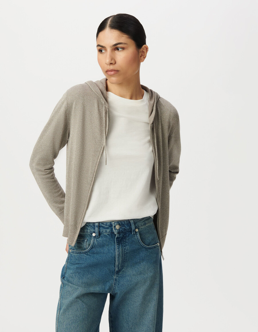 cardigan in maglia di sesamo con motivo a spina di pesce e dorso traforato da donna