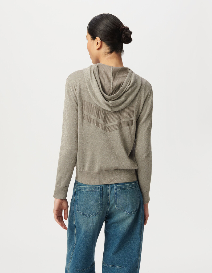 cardigan in maglia di sesamo con motivo a spina di pesce e dorso traforato da donna