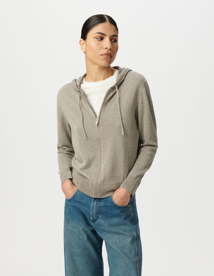 cardigan in maglia di sesamo con motivo a spina di pesce e dorso traforato da donna