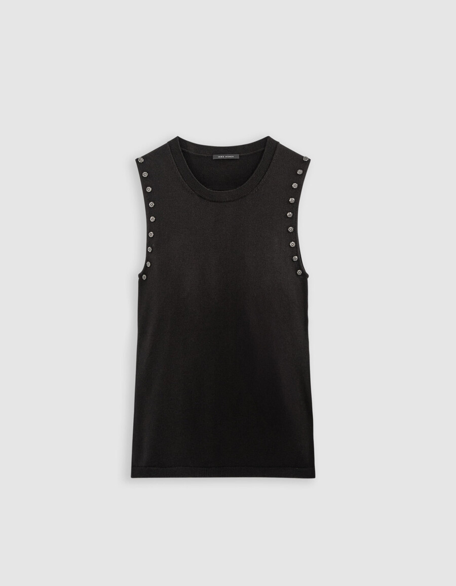 maglione grigio senza maniche da donna con decorazione in strass
