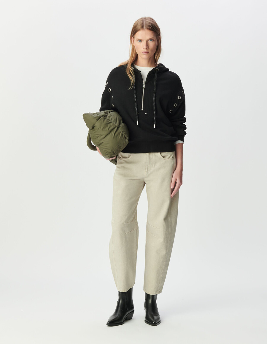 felpa con cappuccio nera da donna in cotone biologico con occhielli xl