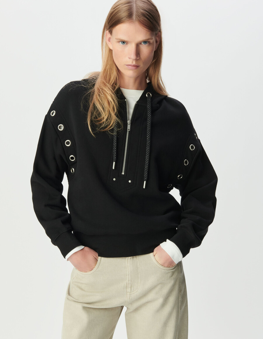 felpa con cappuccio nera da donna in cotone biologico con occhielli xl