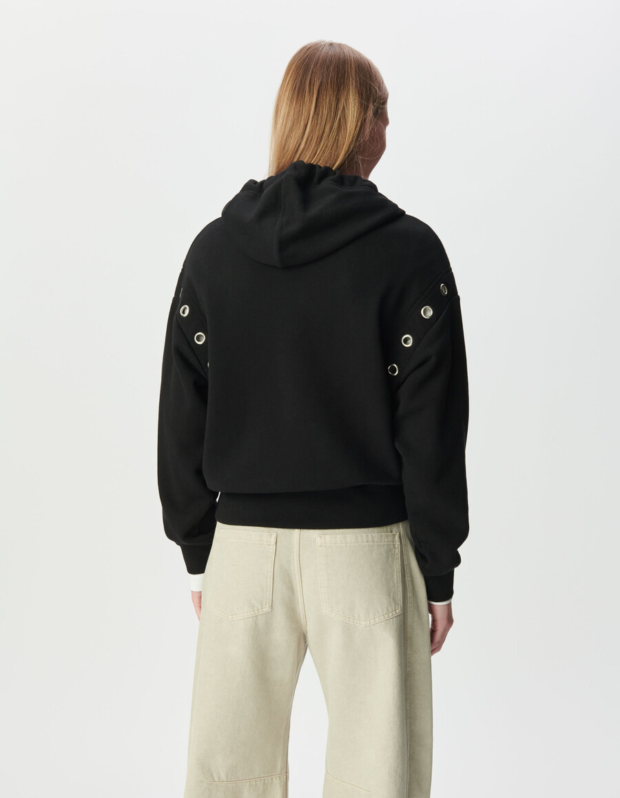 felpa con cappuccio nera da donna in cotone biologico con occhielli xl