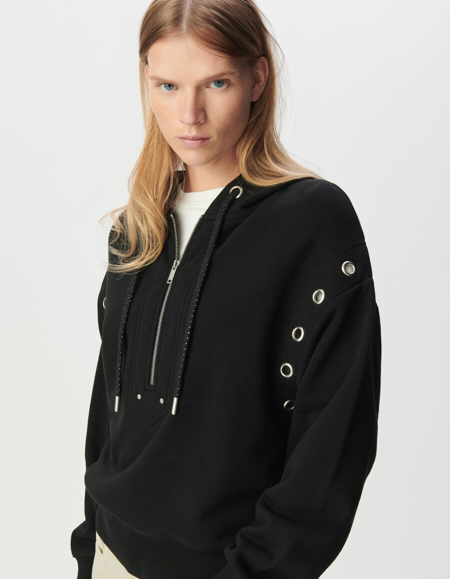 felpa con cappuccio nera da donna in cotone biologico con occhielli xl