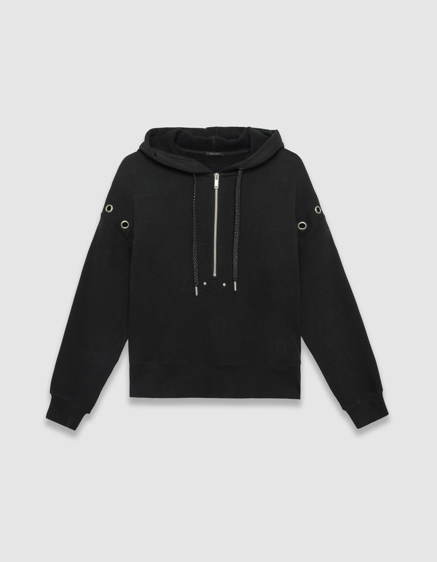 felpa con cappuccio nera da donna in cotone biologico con occhielli xl
