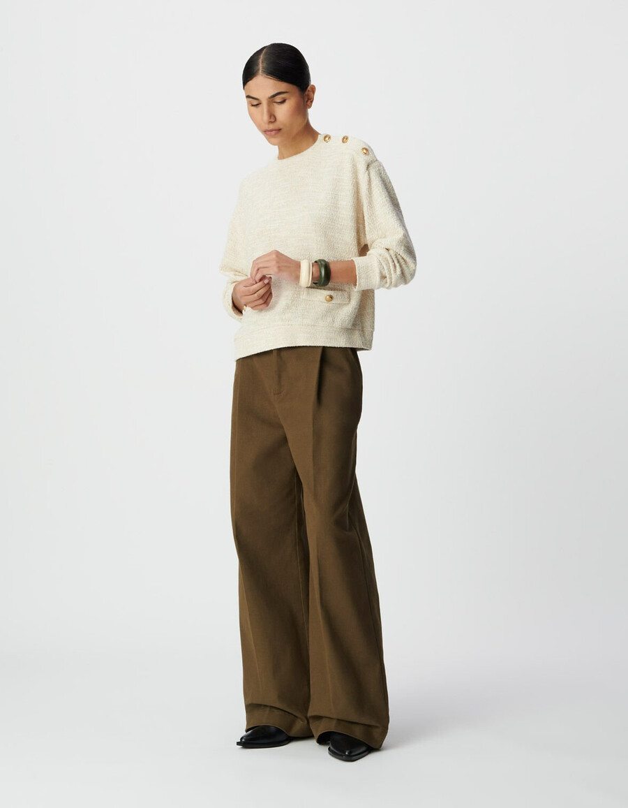 felpa da donna in tweed lurex beige spalle abbottonate