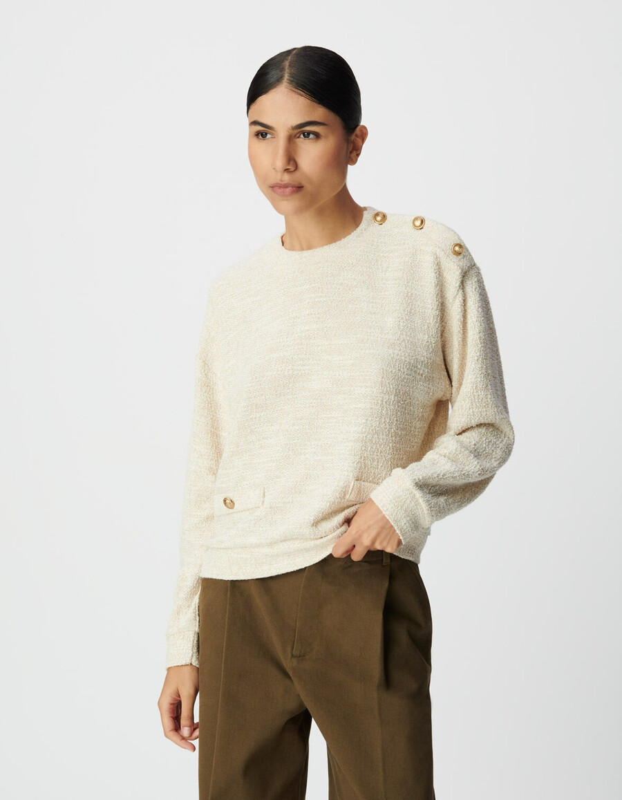 felpa da donna in tweed lurex beige spalle abbottonate