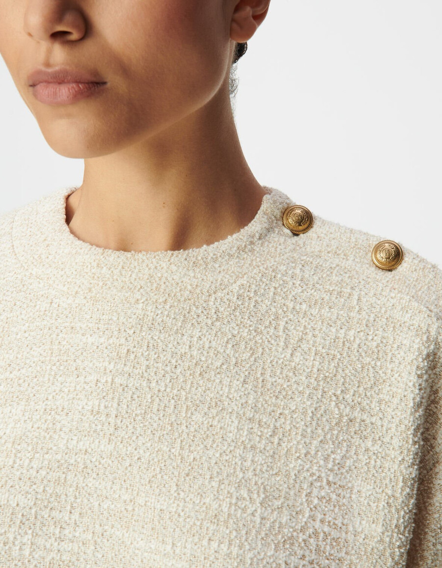 felpa da donna in tweed lurex beige spalle abbottonate