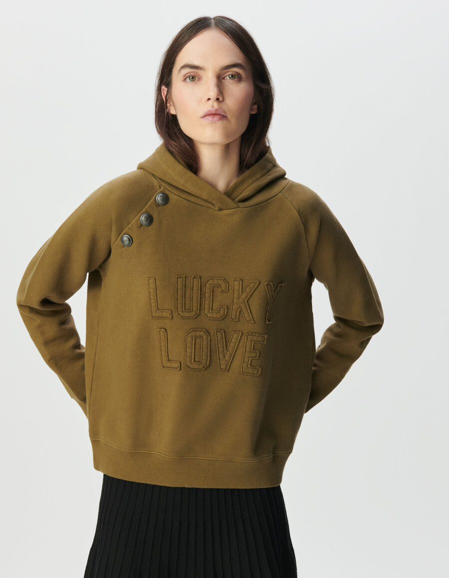 felpa con cappuccio in cotone biologico color cachi da donna bottoni e slogan