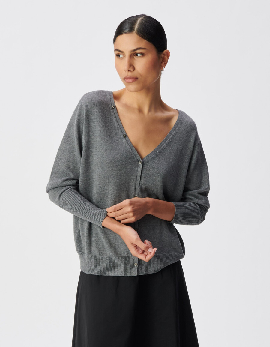 cardigan reversibile da donna grigio lavorato a maglia con parte anteriore e posteriore