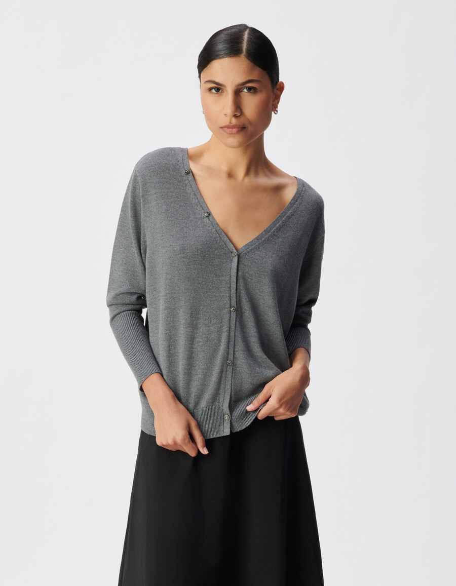 cardigan reversibile da donna grigio lavorato a maglia con parte anteriore e posteriore