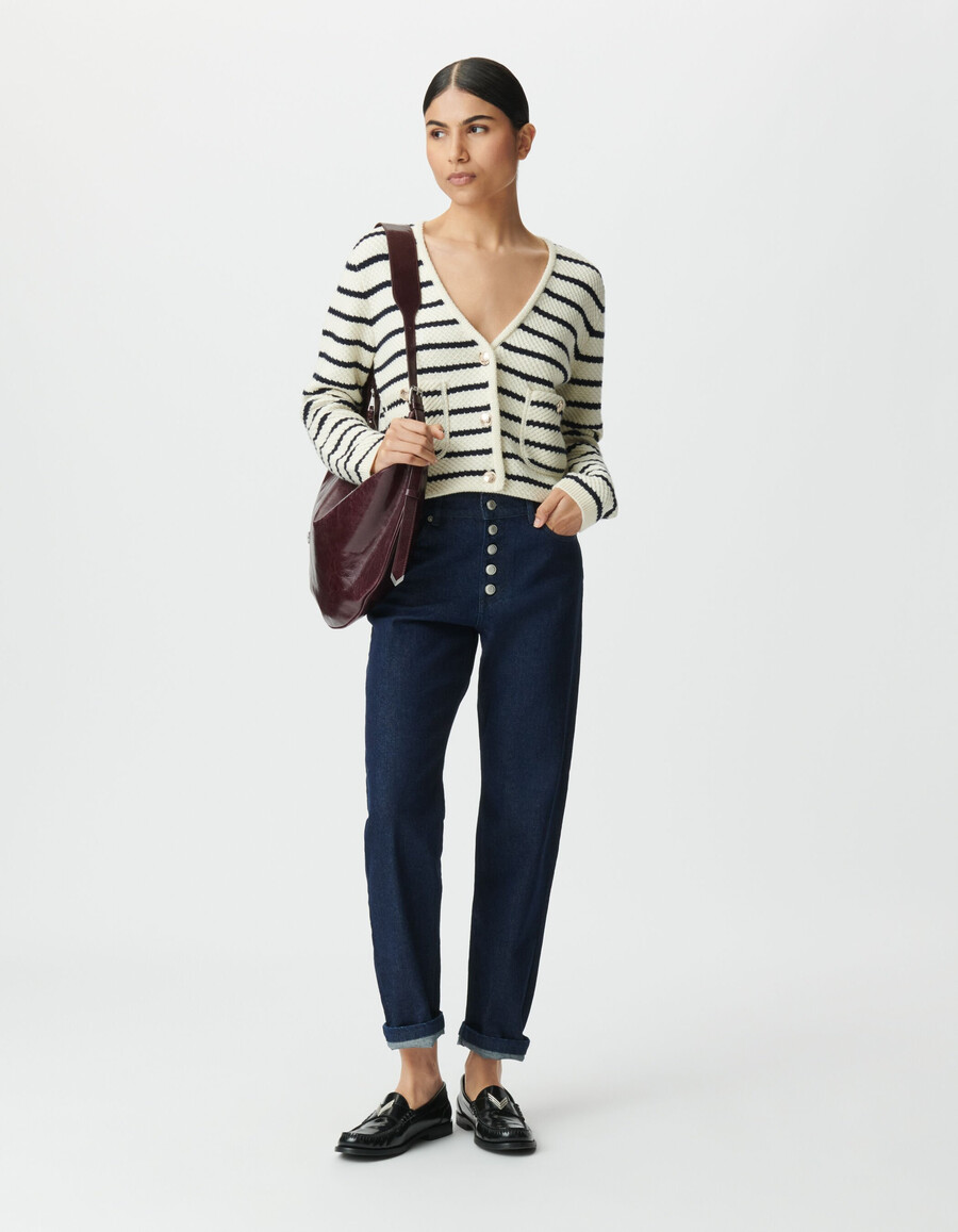 cardigan da donna in maglia a righe da marinaio blu navy e bianco