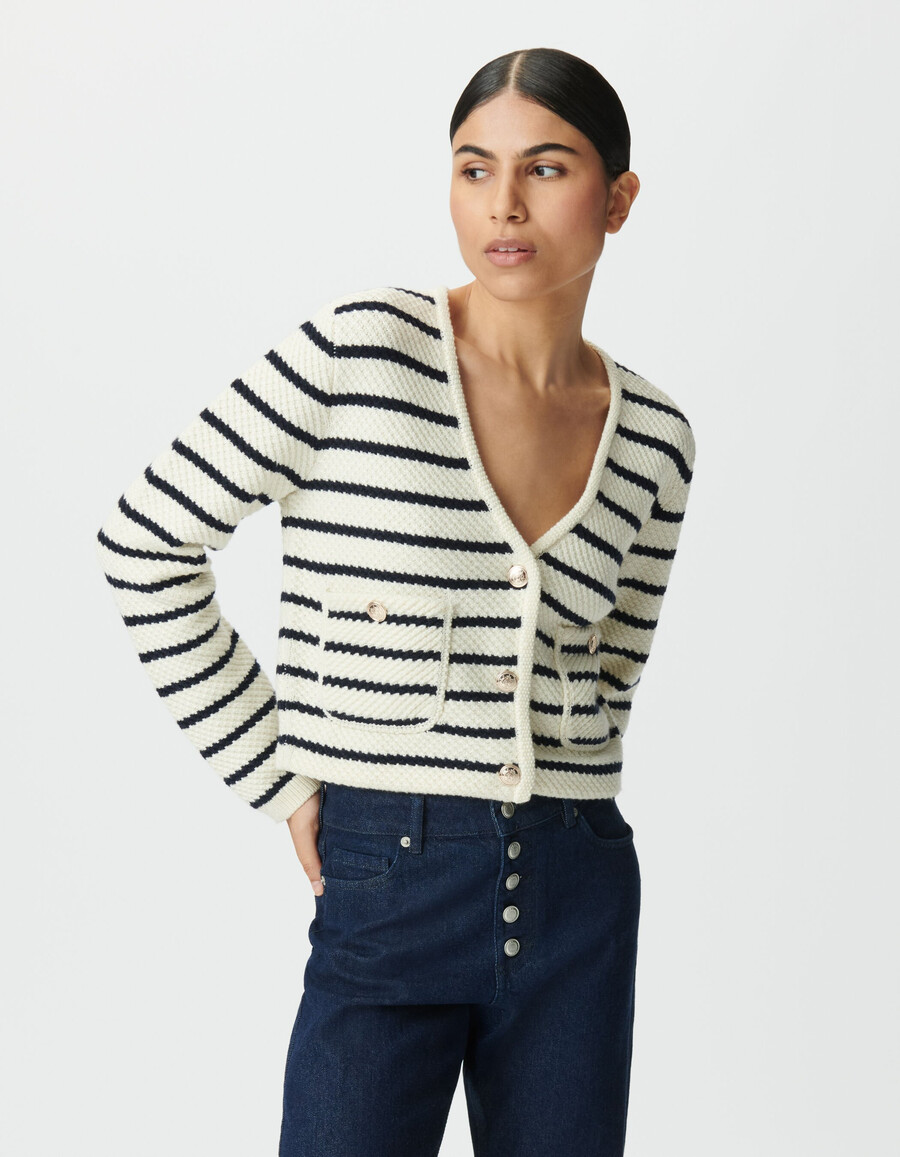 cardigan da donna in maglia a righe da marinaio blu navy e bianco
