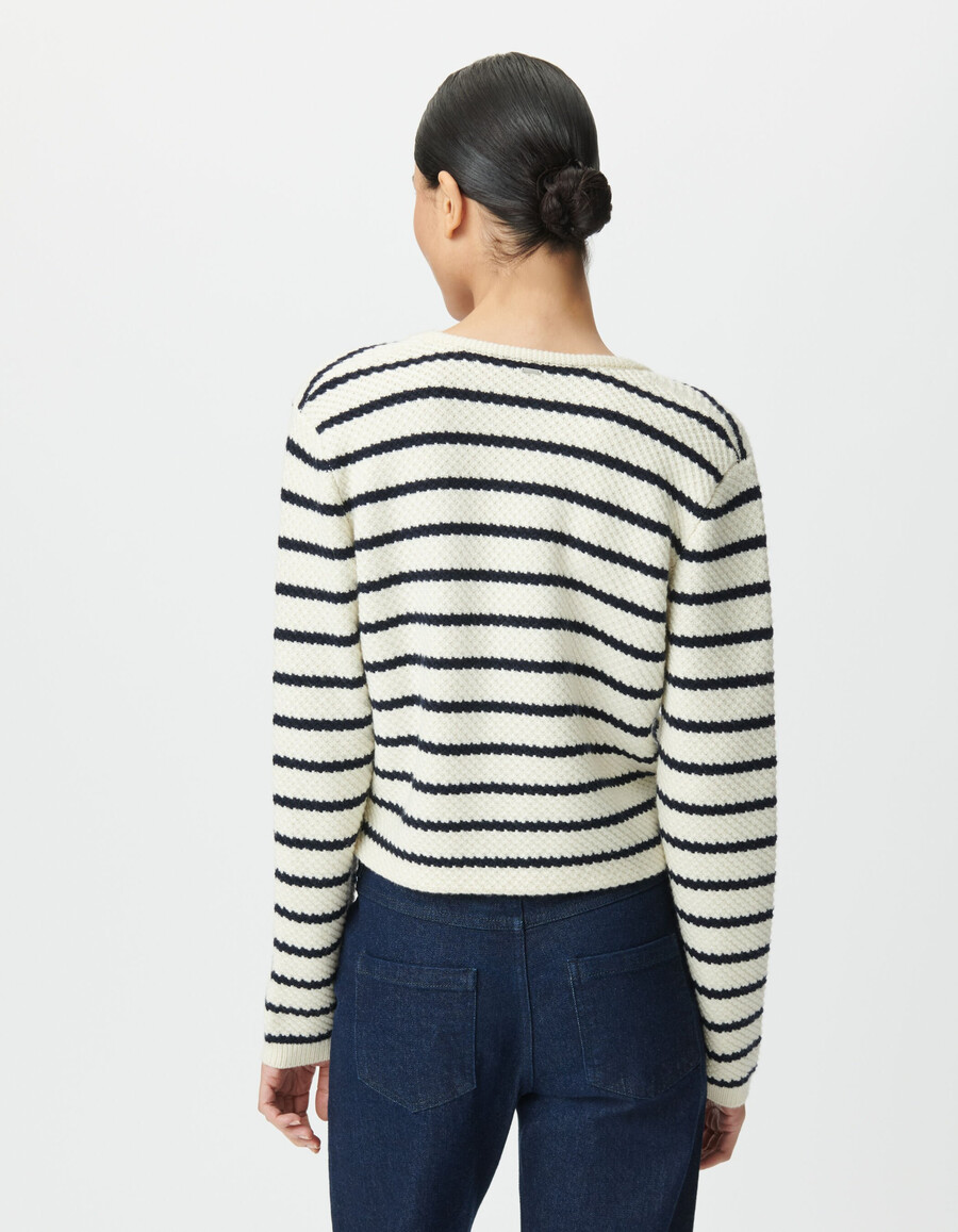 cardigan da donna in maglia a righe da marinaio blu navy e bianco