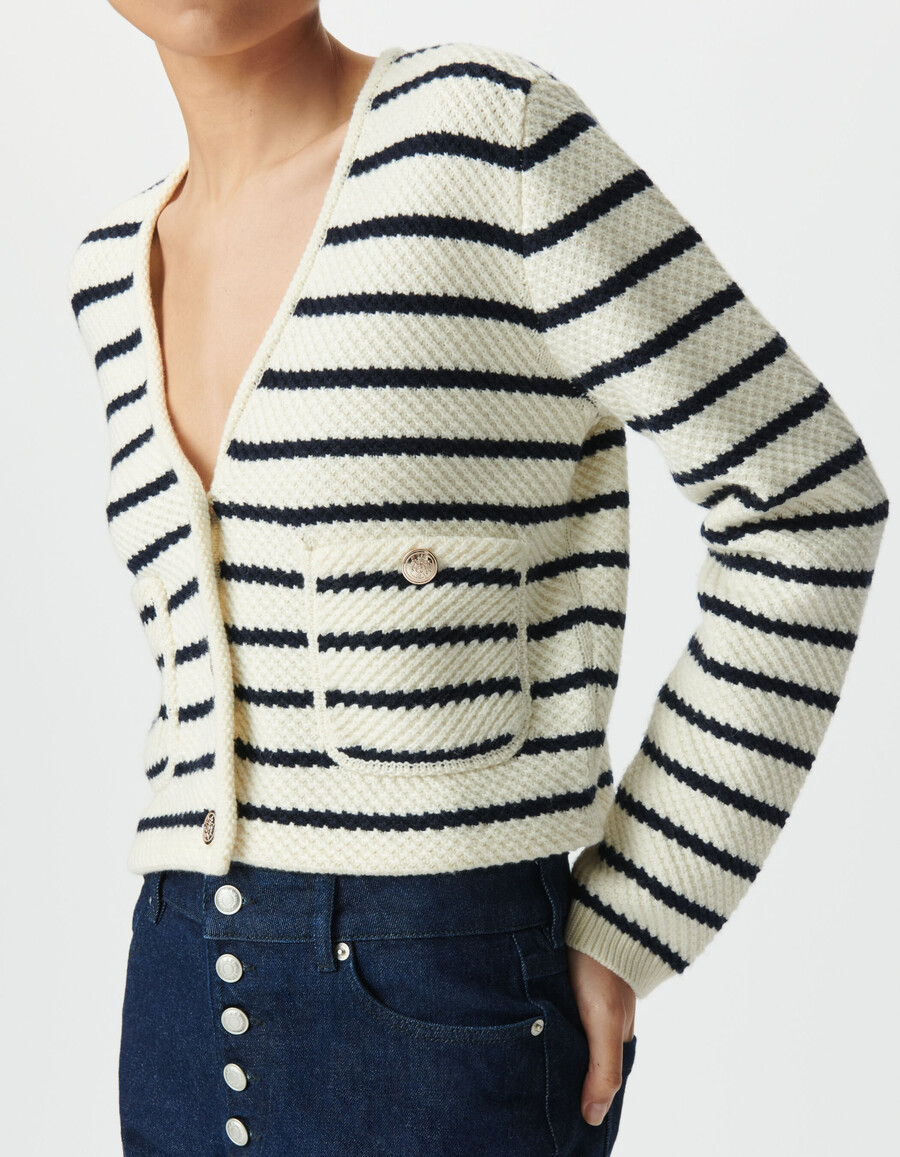cardigan da donna in maglia a righe da marinaio blu navy e bianco
