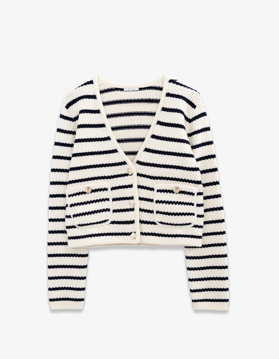 cardigan da donna in maglia a righe da marinaio blu navy e bianco