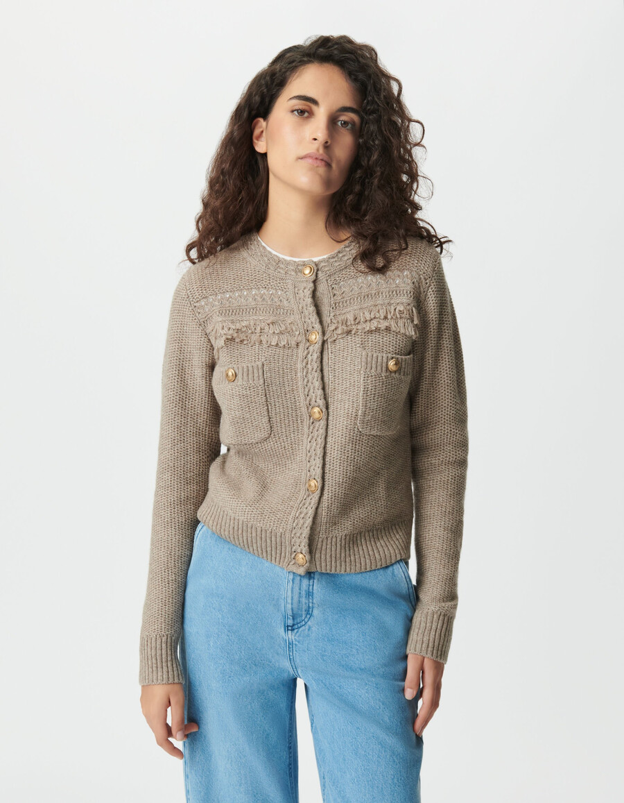 cardigan beige in maglia da donna dettagli con frange bottoni dorati