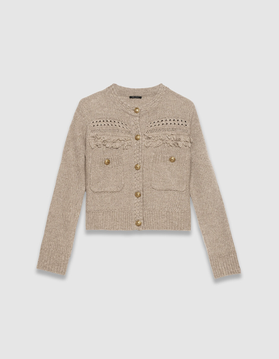 cardigan beige in maglia da donna dettagli con frange bottoni dorati