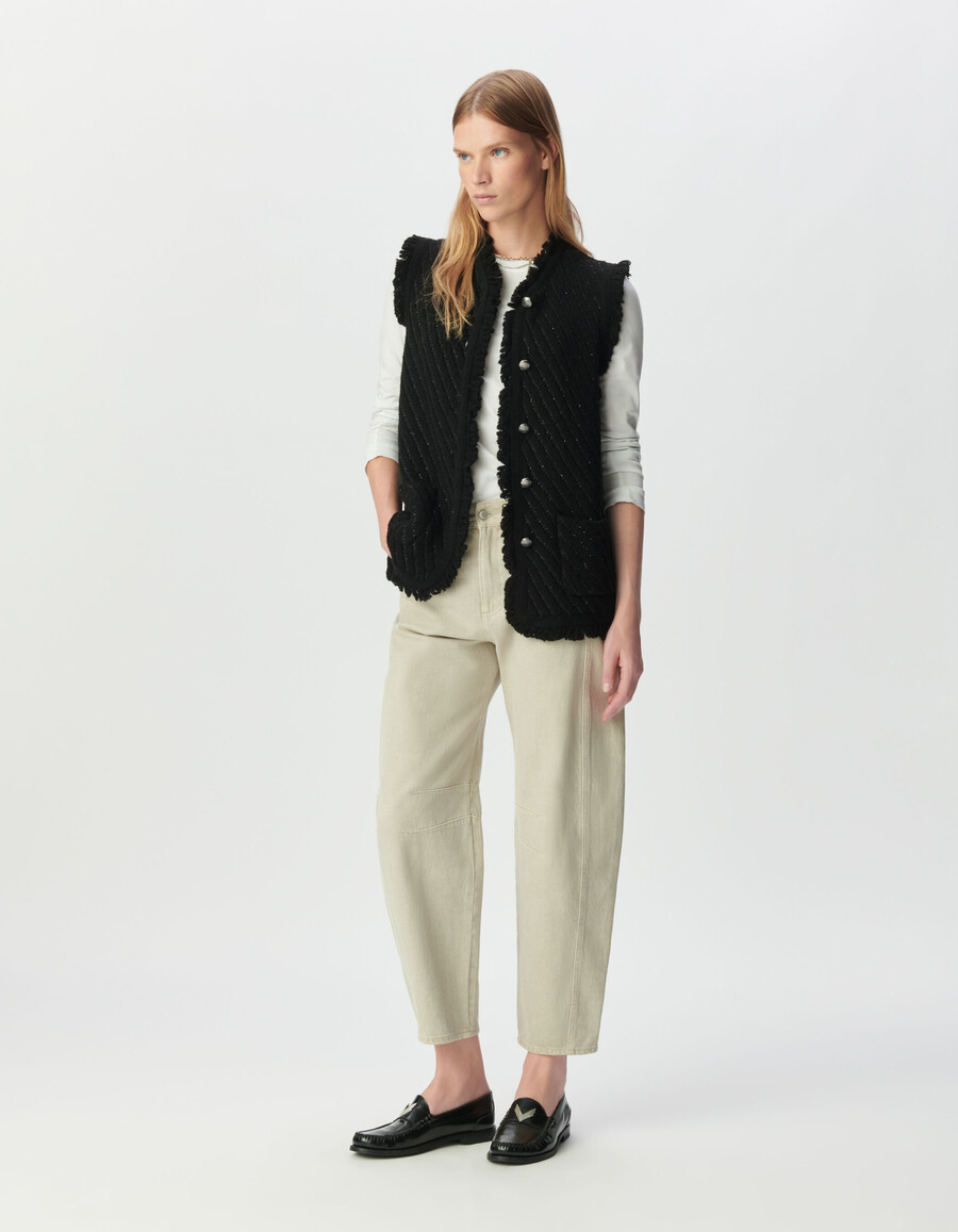 cardigan senza maniche in maglia con ricami di paillettes nere da donna
