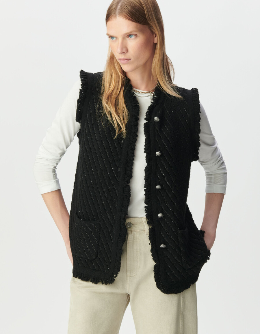 cardigan senza maniche in maglia con ricami di paillettes nere da donna