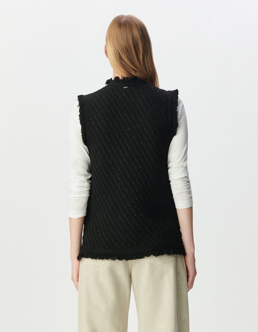 cardigan senza maniche in maglia con ricami di paillettes nere da donna