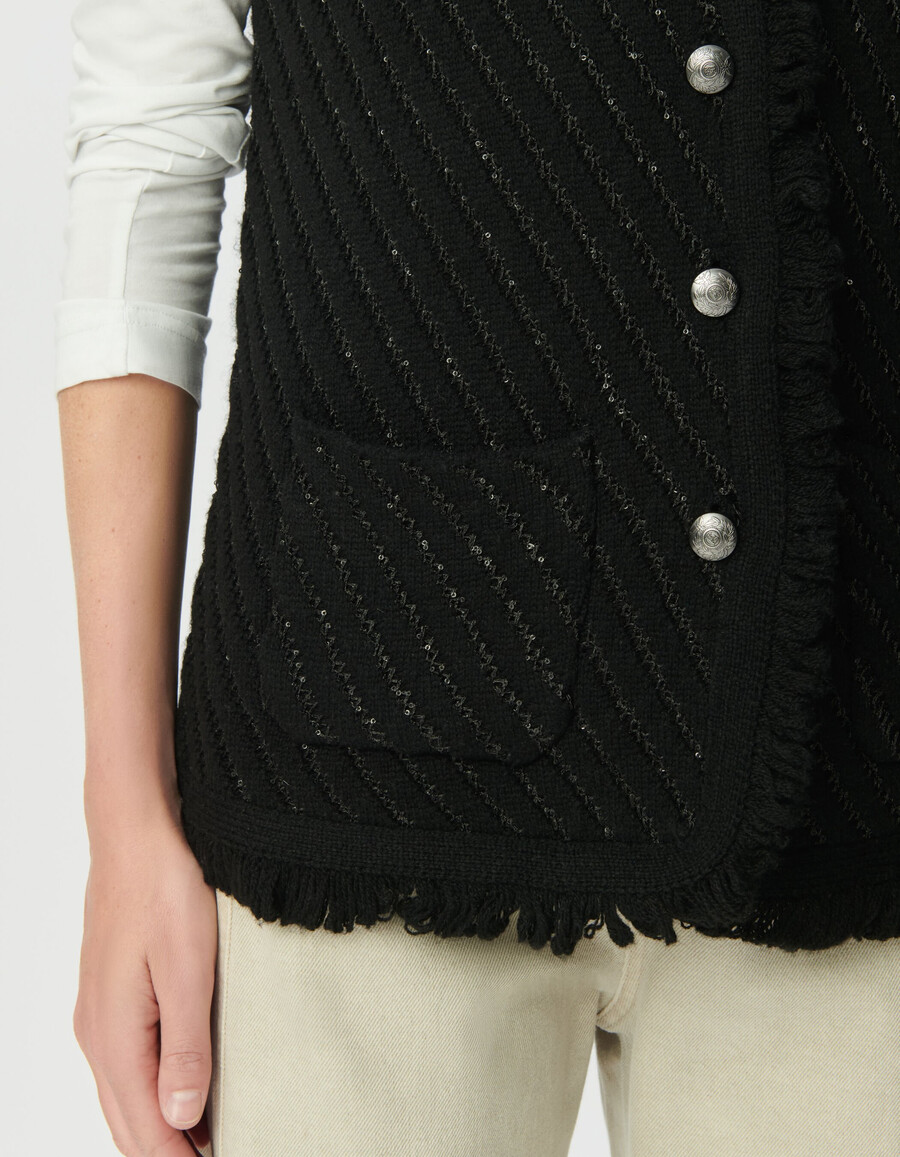 cardigan senza maniche in maglia con ricami di paillettes nere da donna