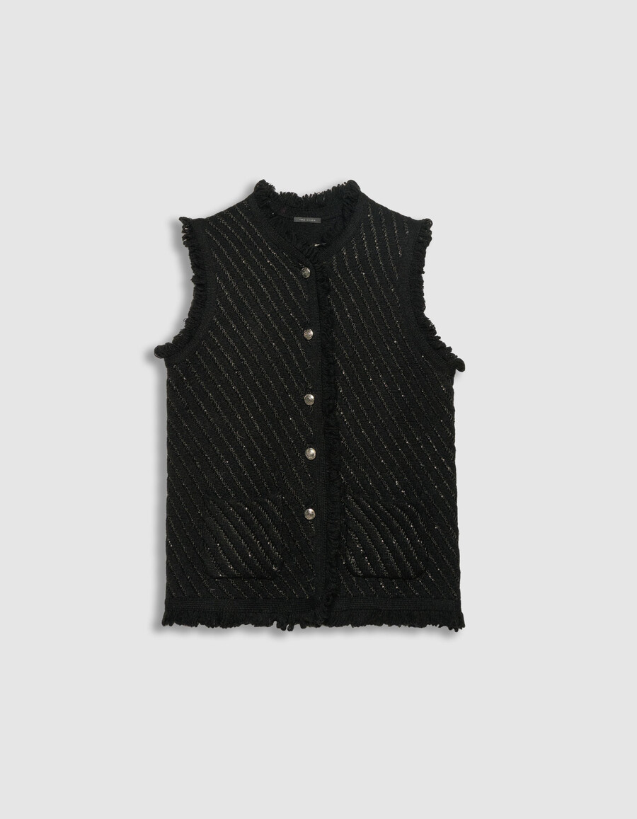 cardigan senza maniche in maglia con ricami di paillettes nere da donna