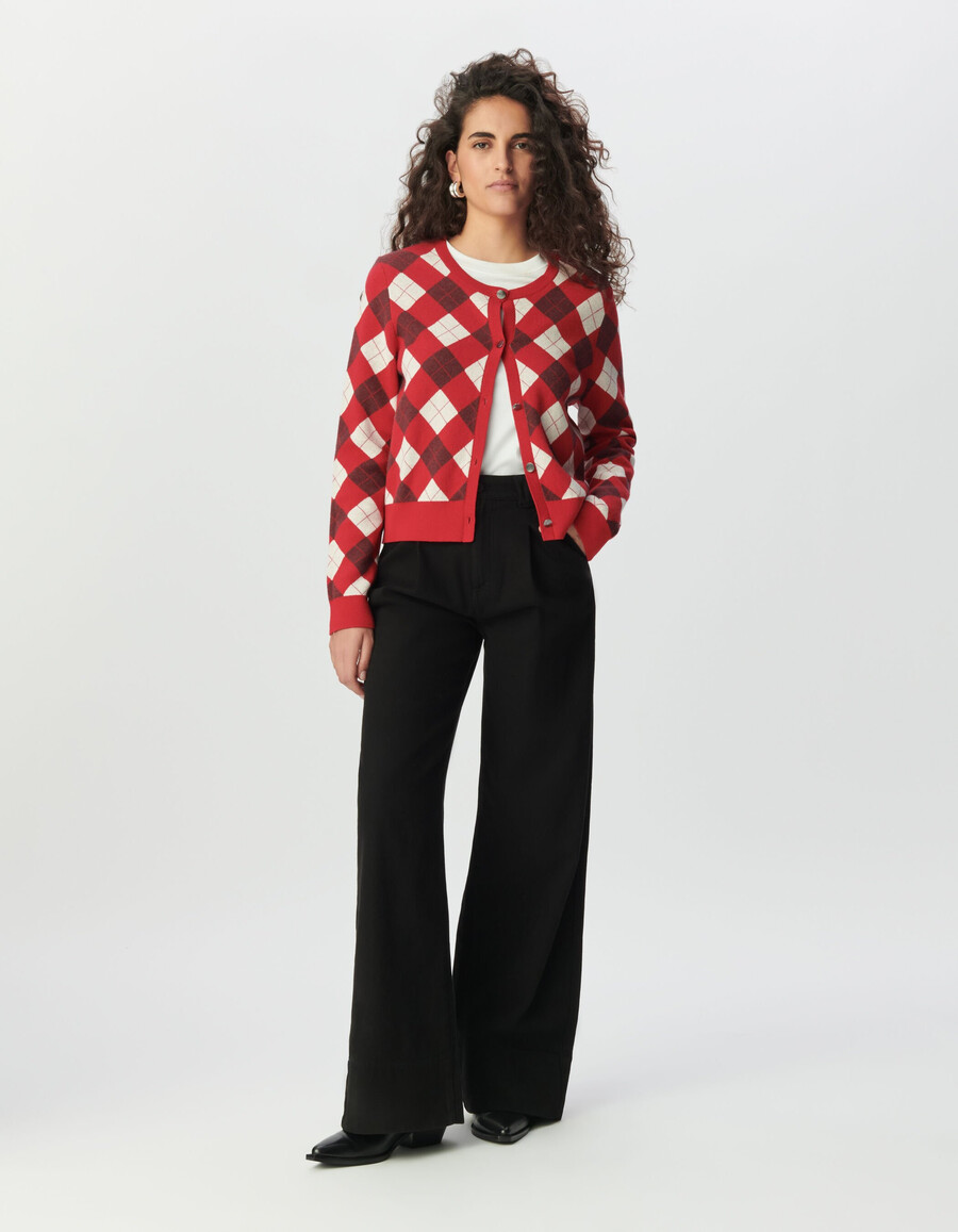 cardigan in maglia jacquard a rombi rossi da donna
