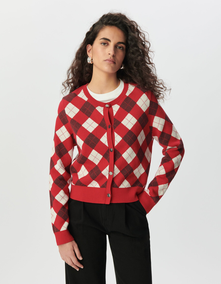cardigan in maglia jacquard a rombi rossi da donna
