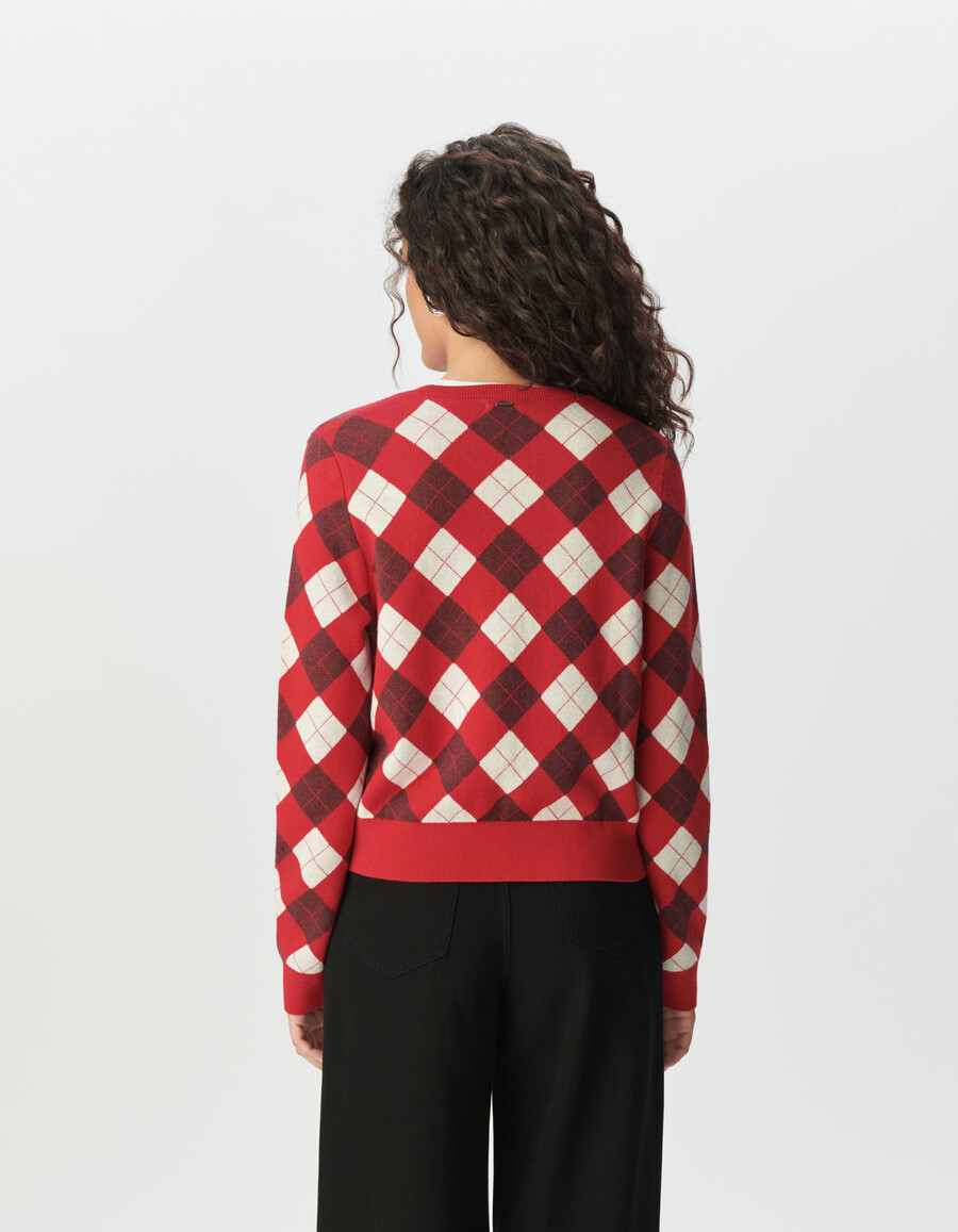 cardigan in maglia jacquard a rombi rossi da donna