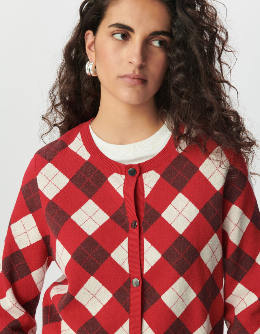 cardigan in maglia jacquard a rombi rossi da donna