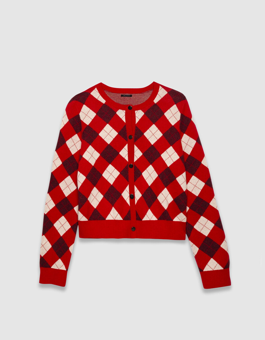 cardigan in maglia jacquard a rombi rossi da donna