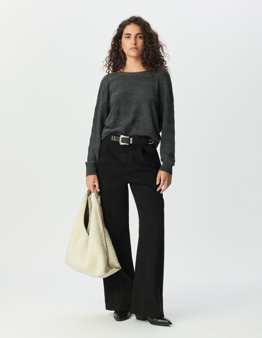 cardigan da donna in maglia grigia a righe con ricami di paillettes