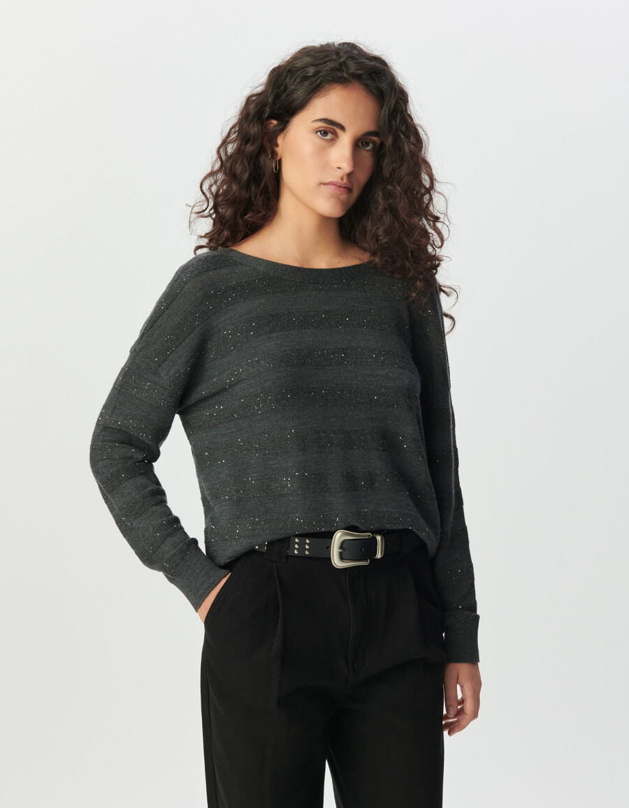 cardigan da donna in maglia grigia a righe con ricami di paillettes