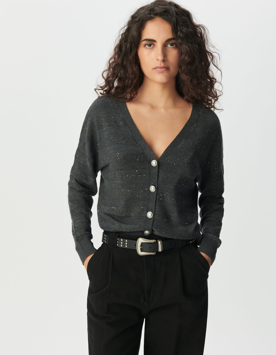 cardigan da donna in maglia grigia a righe con ricami di paillettes