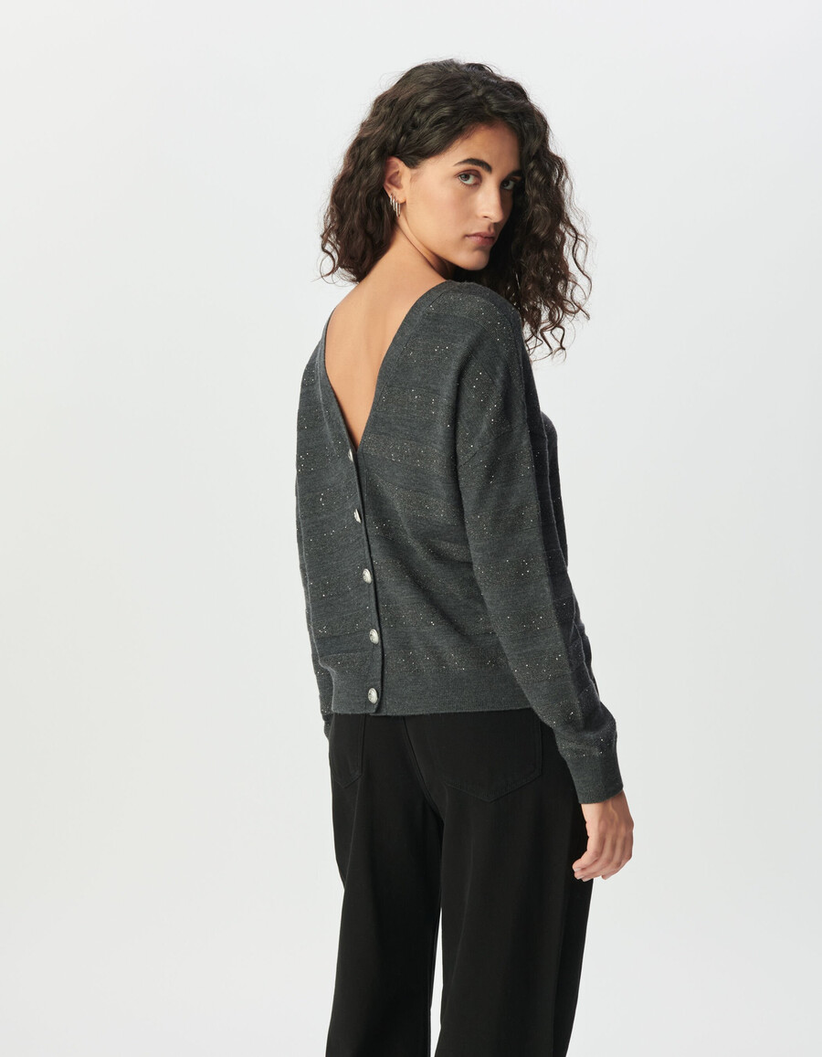cardigan da donna in maglia grigia a righe con ricami di paillettes