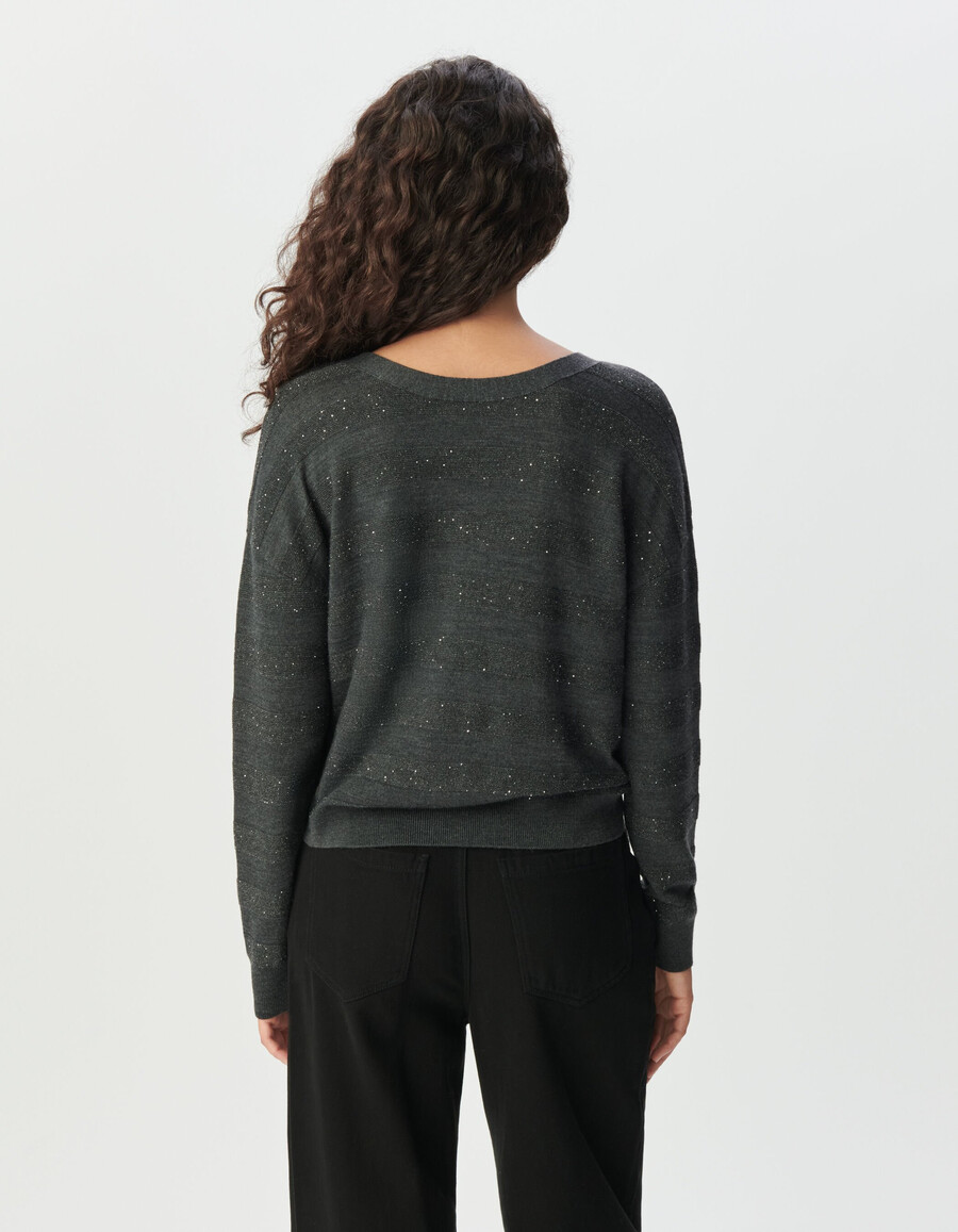 cardigan da donna in maglia grigia a righe con ricami di paillettes