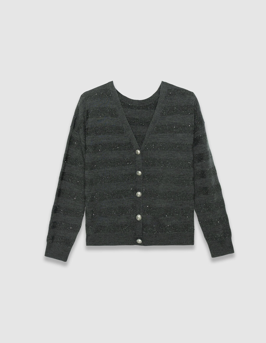 cardigan da donna in maglia grigia a righe con ricami di paillettes