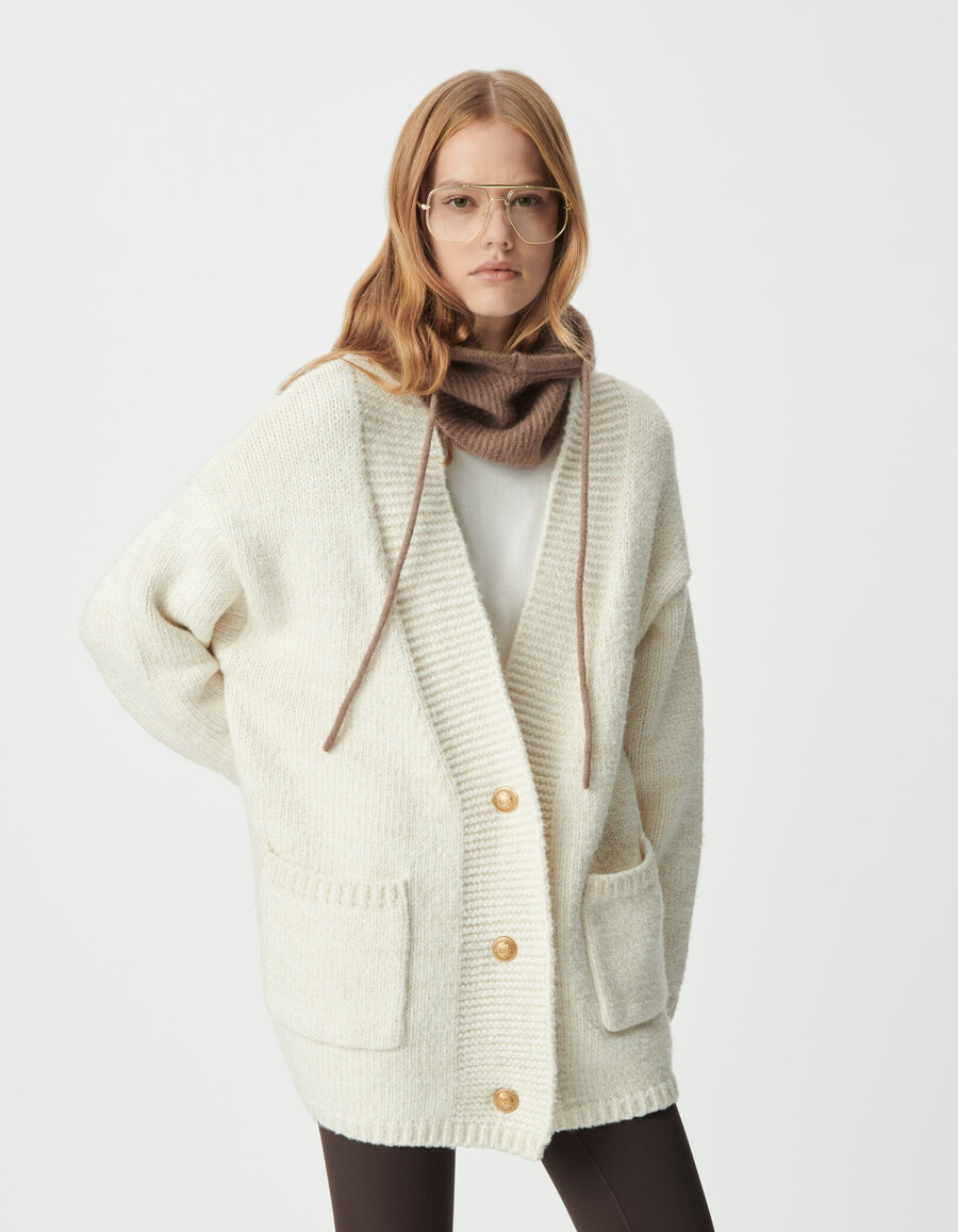 cardigan largo da donna in maglia écru e lurex oro