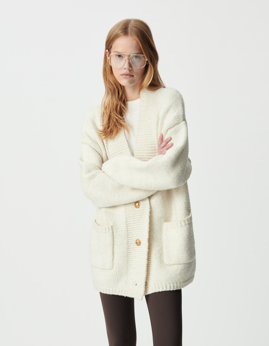 cardigan largo da donna in maglia écru e lurex oro
