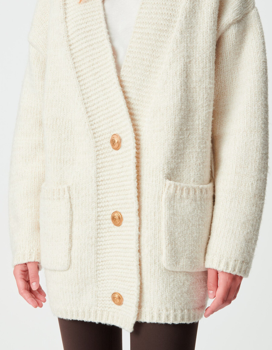 cardigan largo da donna in maglia écru e lurex oro